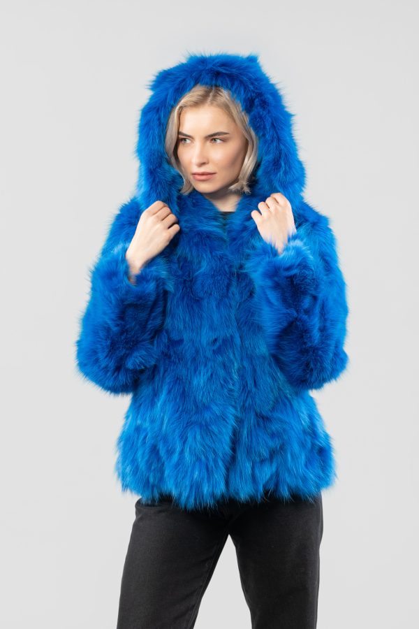 Electric Blue Fox Fur Jacket With Hood