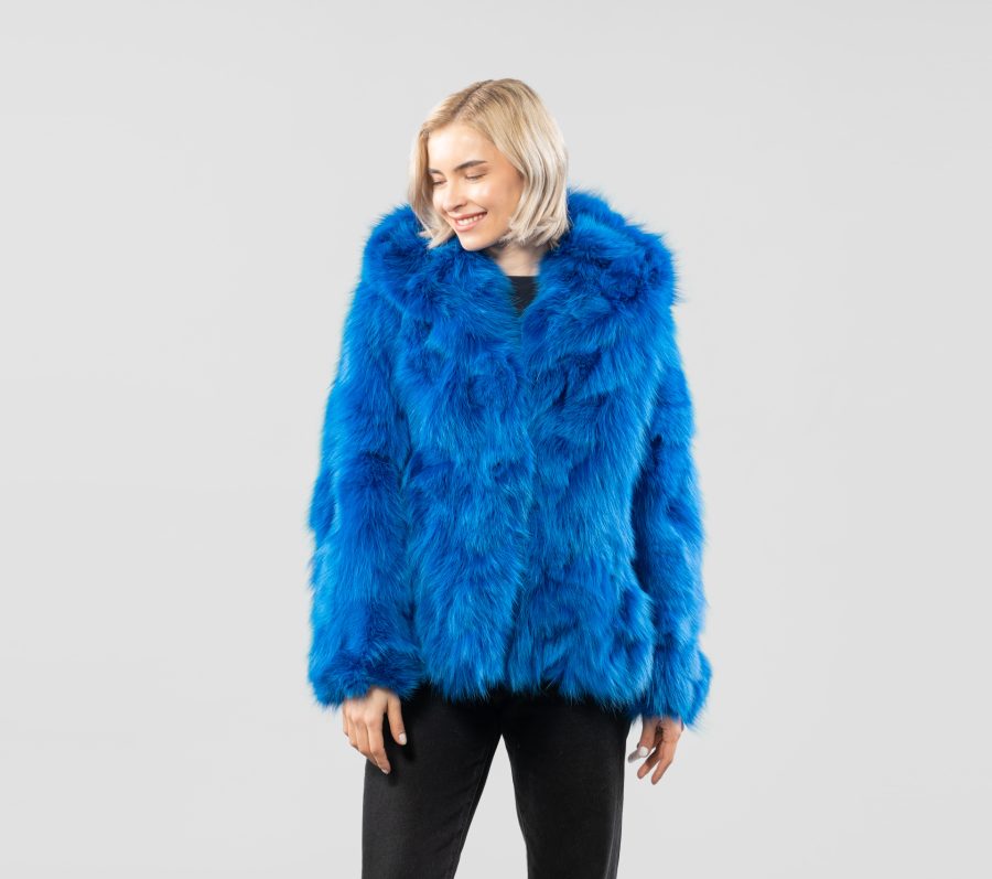 Electric Blue Fox Fur Jacket With Hood