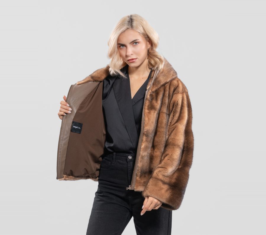 Golden Brown Mink Fur Jacket With Hood