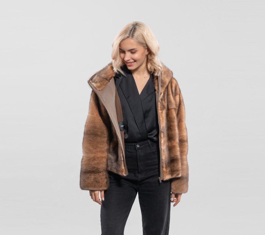 Golden Brown Mink Fur Jacket With Hood