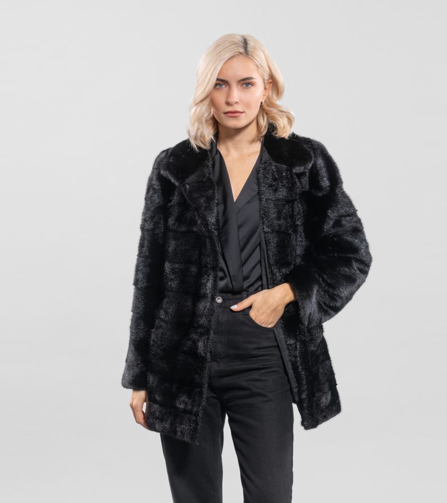 Horizontal Layer Mink Fur Jacket With Stand-Up Collar