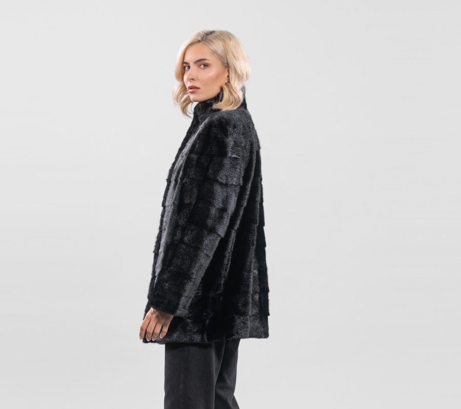 Horizontal Layer Mink Fur Jacket With Stand-Up Collar