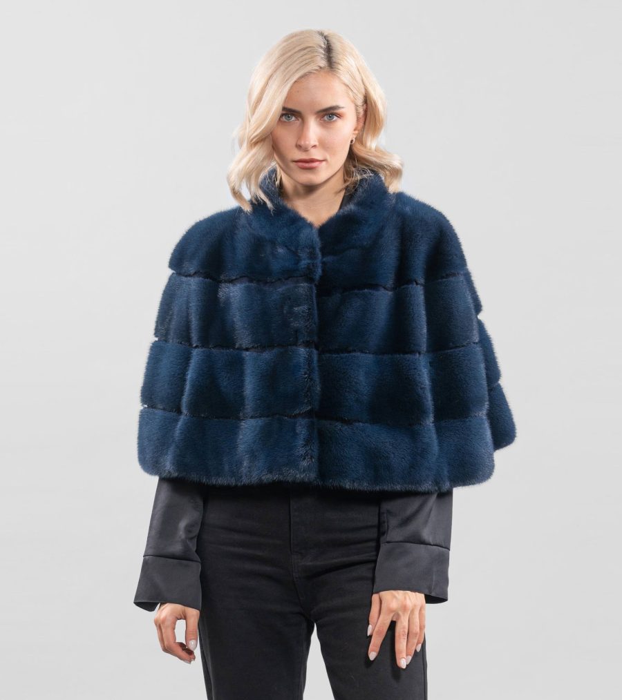 Navy Blue Short Mink Fur Cape - 100% Real Fur - Haute Acorn