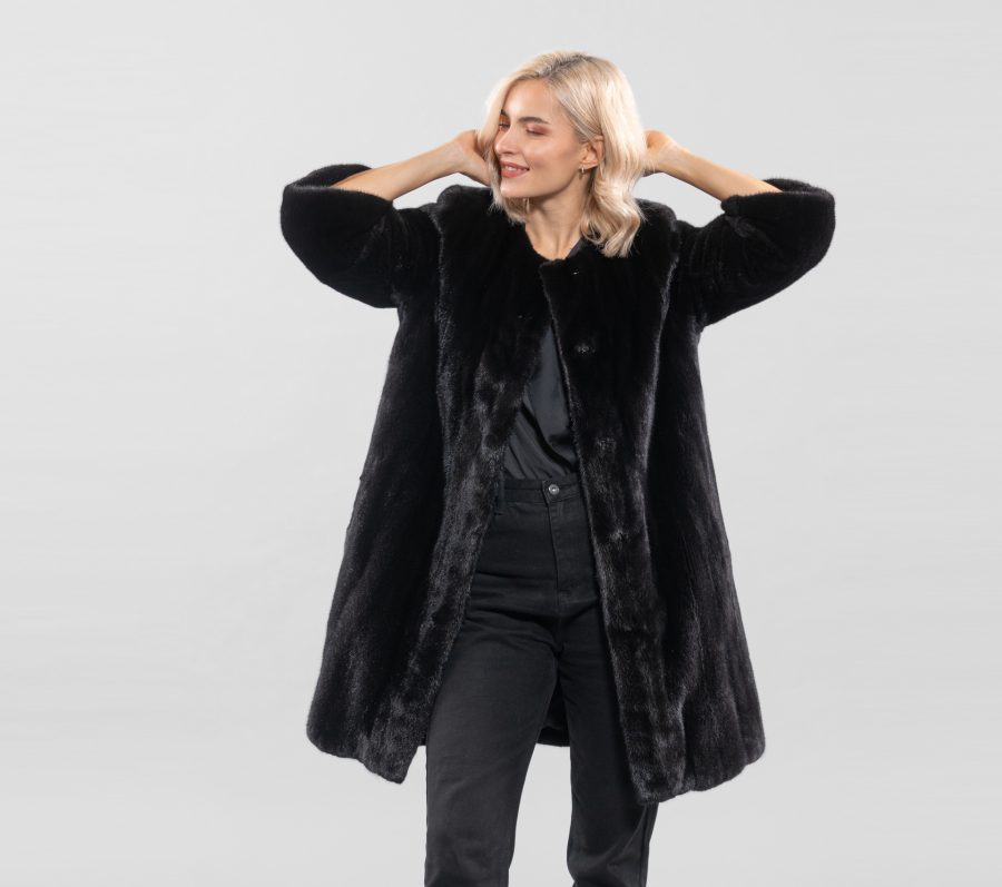 Black Velvet Collarless Mink Fur Jacket