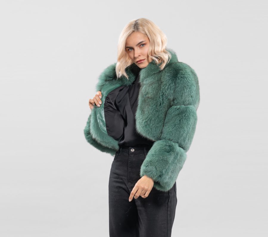 Green Short Fluffy Fox Fur Jacket
