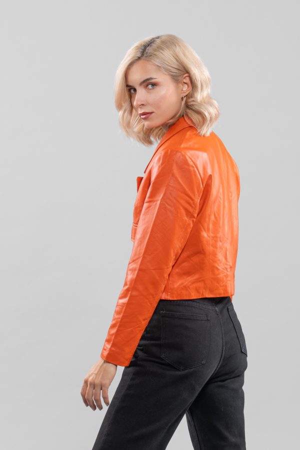 Orange Short Leather Jacket With Buttons