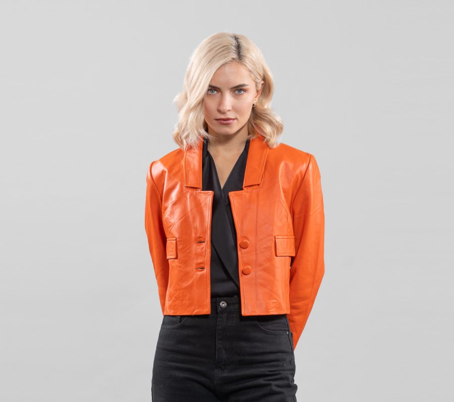 Orange Short Leather Jacket With Buttons
