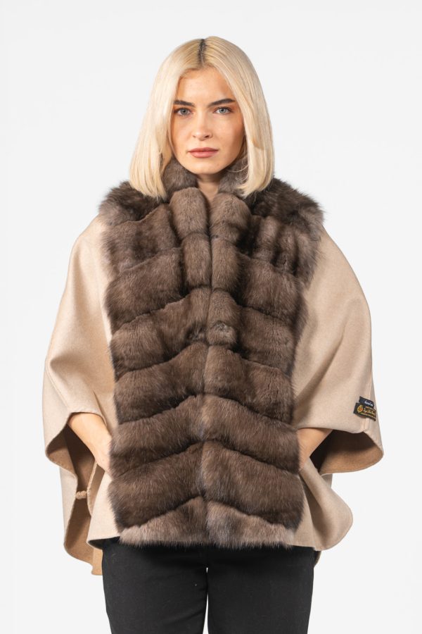 Short Cashmere Wool Cape With Sable Fur
