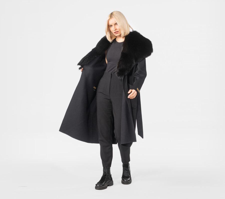 Black Cashmere Wool Coat With Wide Fox Collar