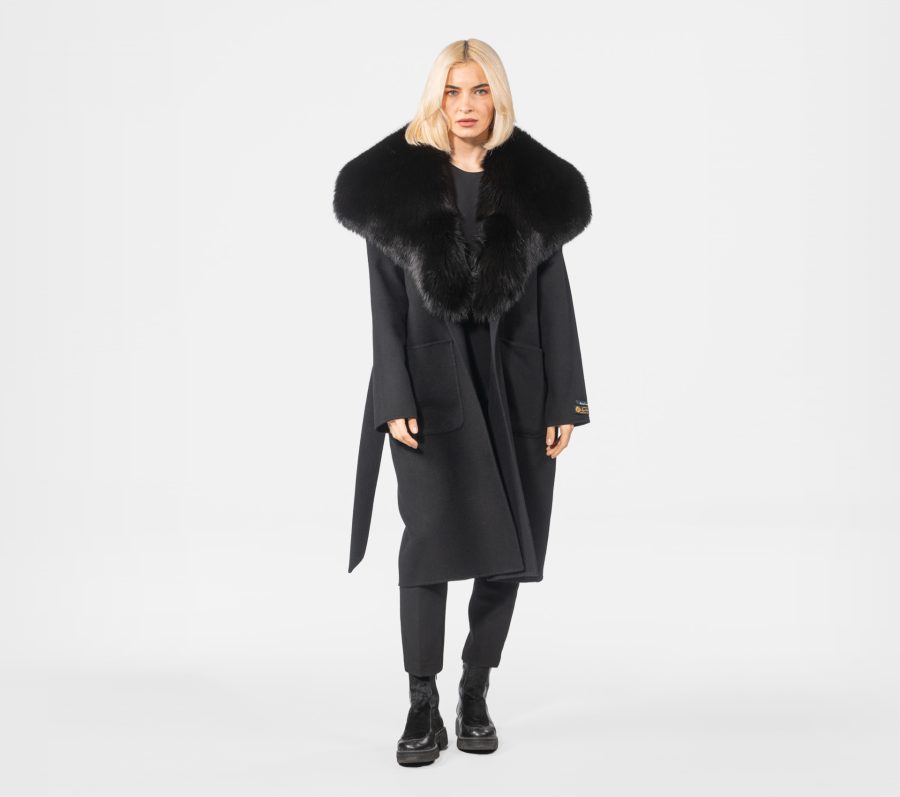 Black Cashmere Wool Coat With Wide Fox Collar