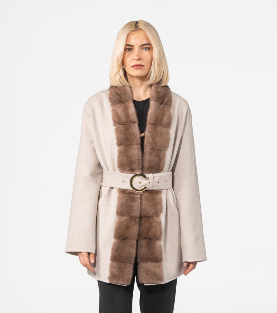 Beige Cashmere Wool Jacket With Mink Fur