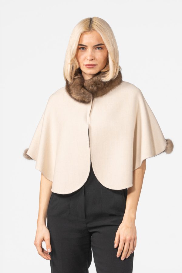 Short Cashmere Wool Cape With Sable Fur Details