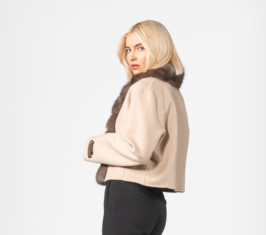 Short Light Beige Cashmere Jacket With Sable Fur