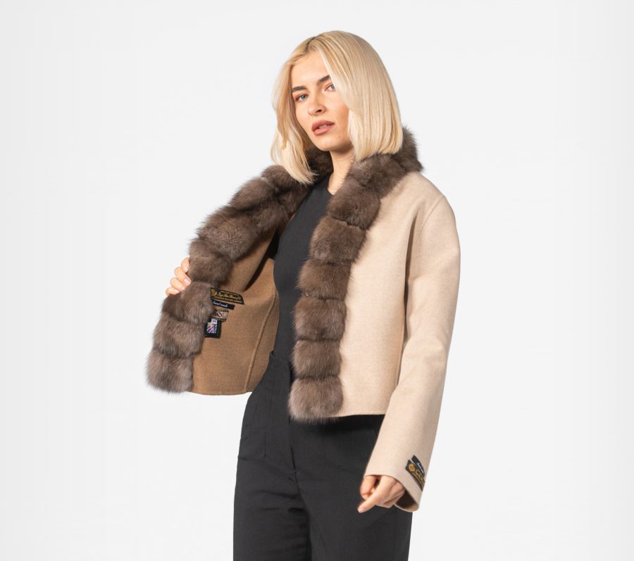 Short Light Beige Cashmere Jacket With Sable Fur