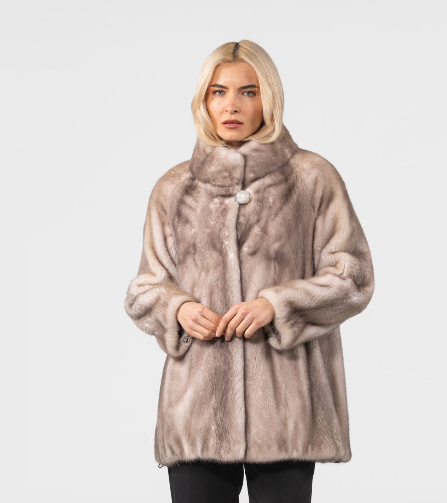Silver Blue Mink Fur Jacket With Stand-Up Collar