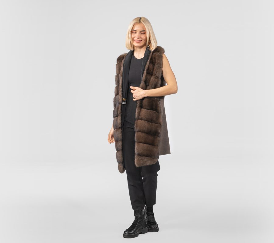 Cashmere Wool Vest With Dark Sable Fur