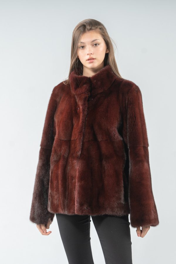 Bordeaux Mink Fur Jacket With Stand Up Collar