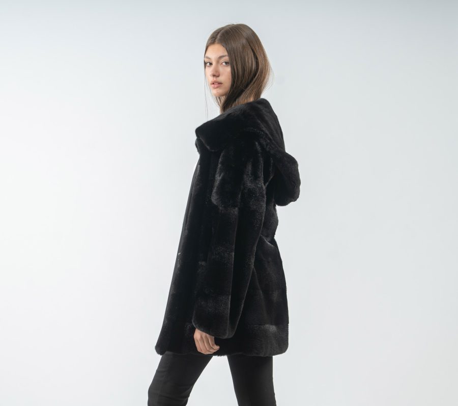 Horizontal Layered Black Mink Fur Jacket