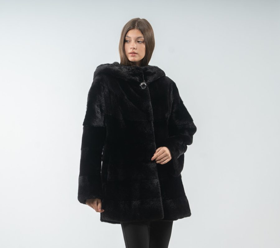 Horizontal Layered Black Mink Fur Jacket