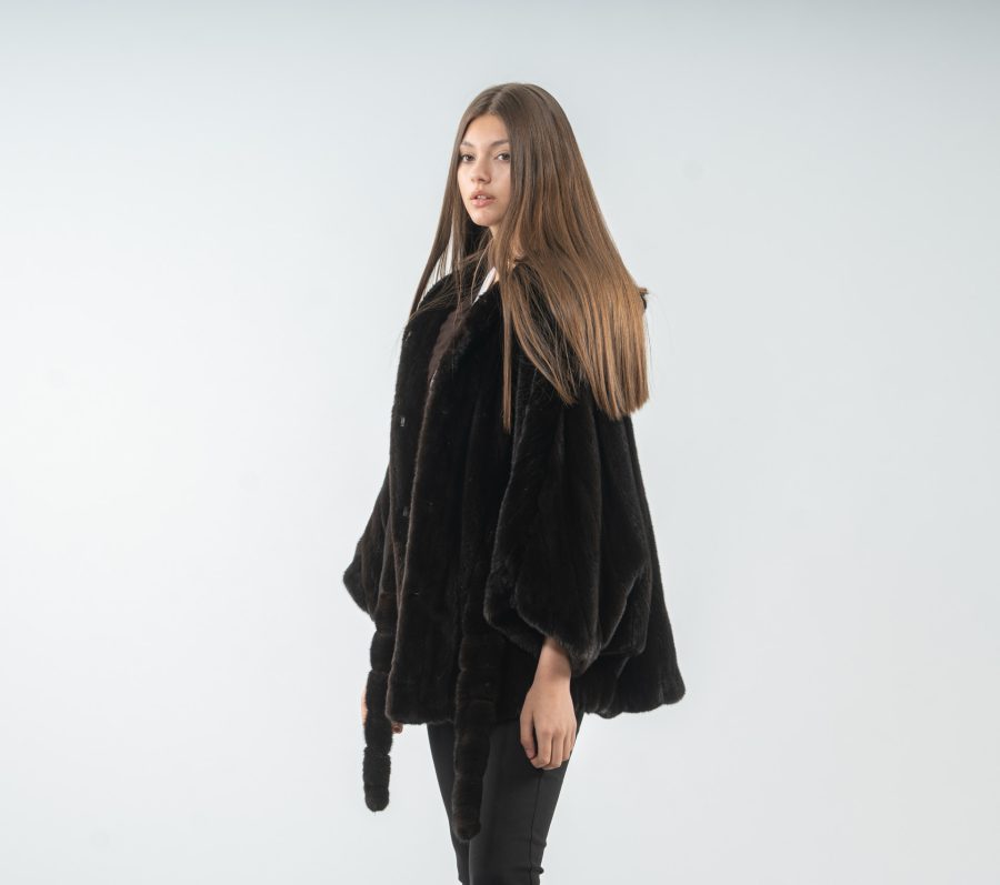 Hooded Black Mink Fur Cape With Belt