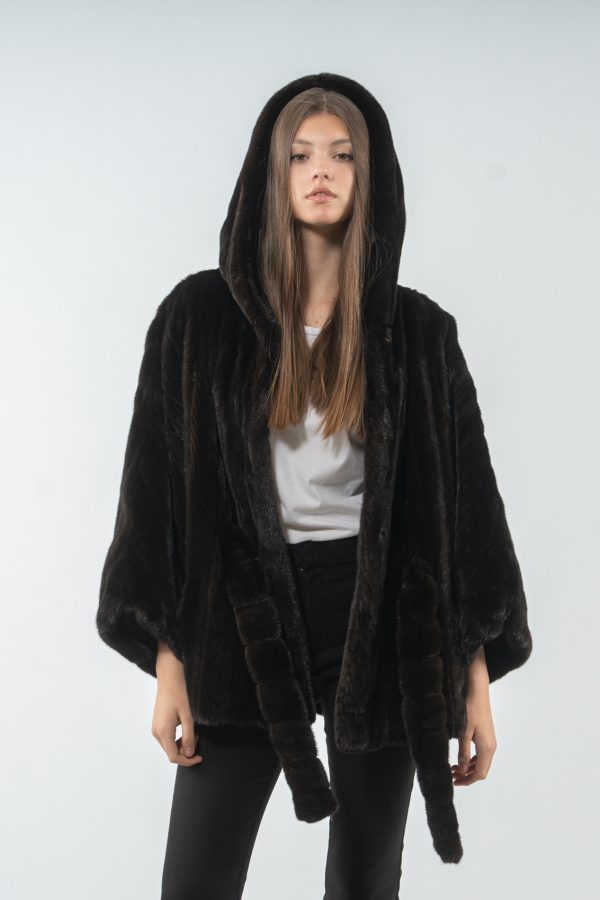 Hooded Black Mink Fur Cape With Belt
