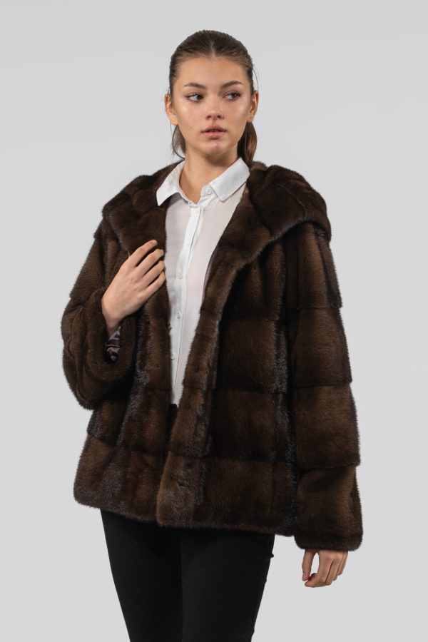 Horizontal Layer Brown Mink Fur Jacket With Hood