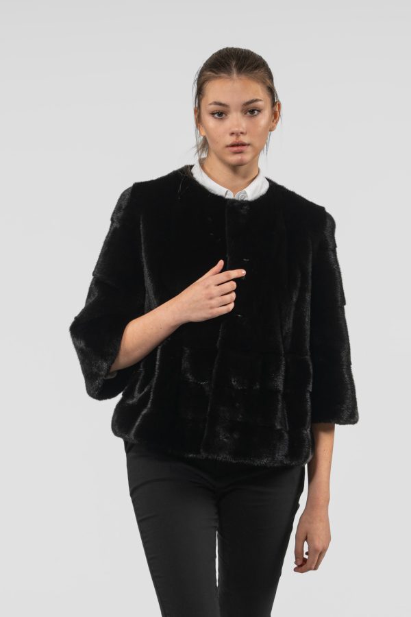 Collarless Black Mink Fur Jacket