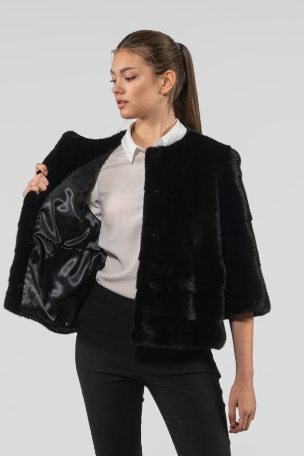 Collarless Black Mink Fur Jacket