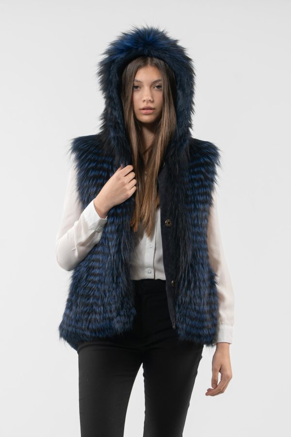 Hooded Blue Fox And Rabbit Fur Vest
