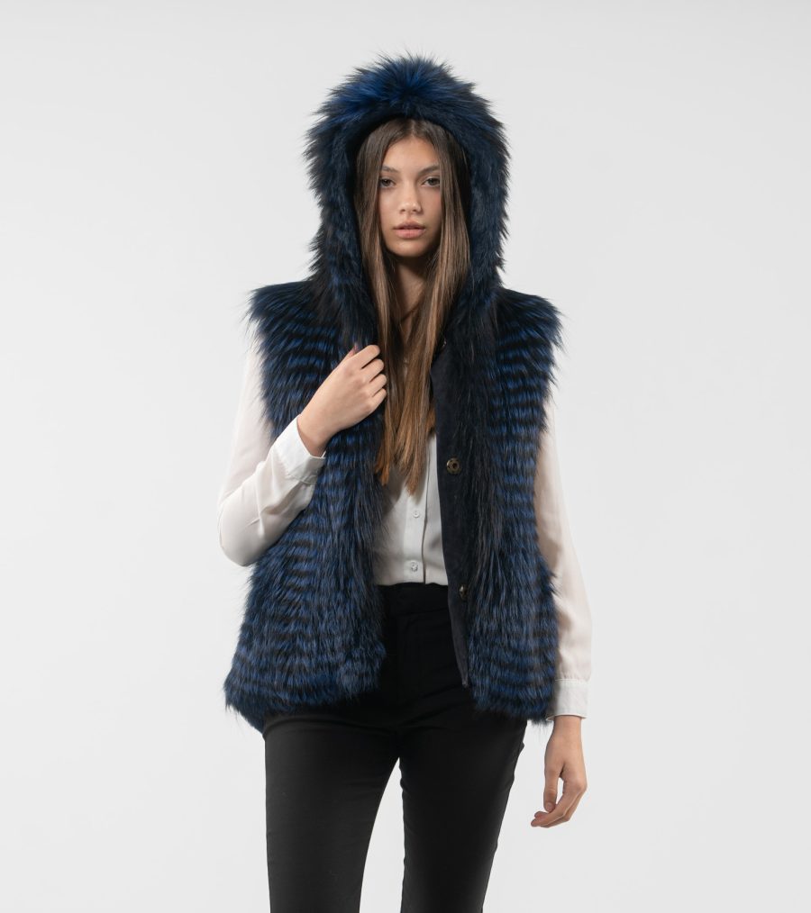 Hooded Blue Fox And Rabbit Fur Vest