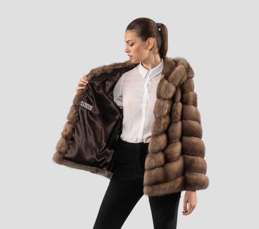 Horizontal Layer Sable Fur Jacket With Hood