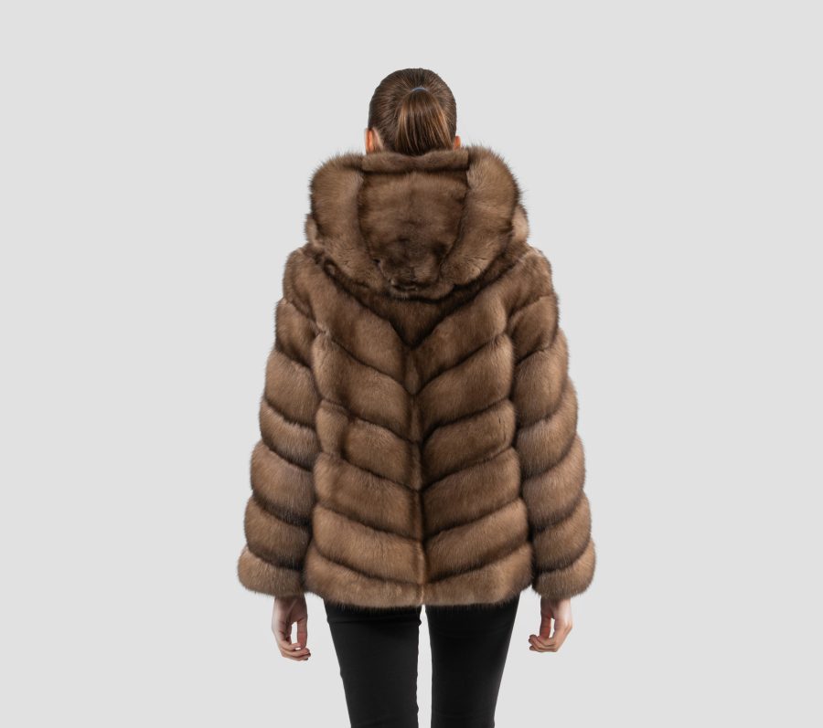 Horizontal Layer Sable Fur Jacket With Hood