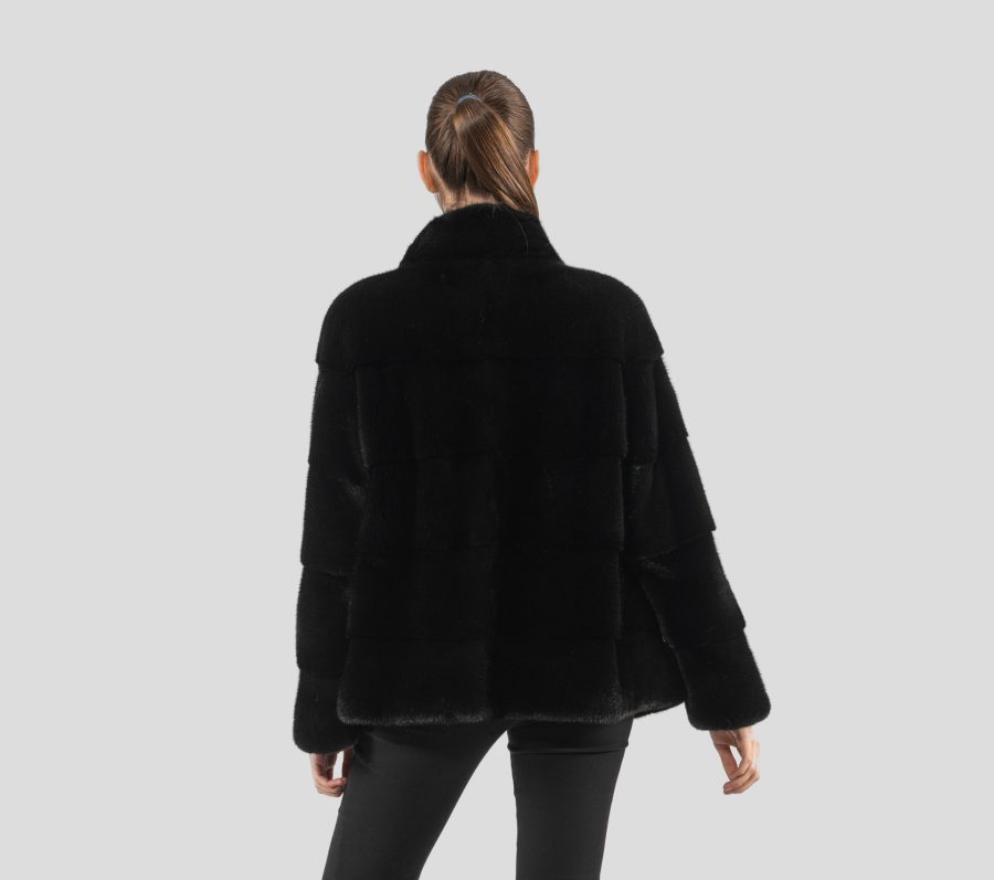 Short Black Mink Fur Jacket With Stand Up Collar