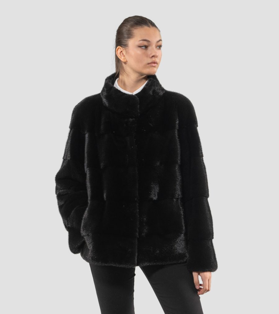 Short Black Mink Fur Jacket With Stand Up Collar