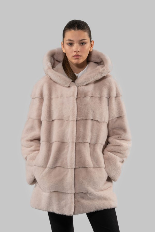 Hooded Powder Beige Mink Fur Jacket