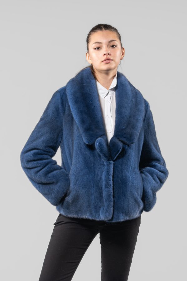 V-Neck Blue Mink Fur Jacket