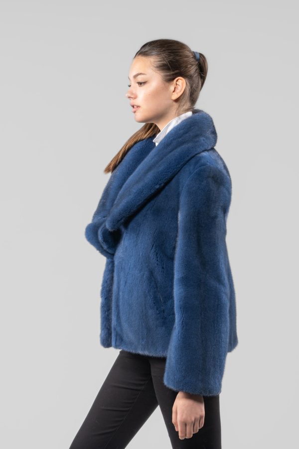 V-Neck Blue Mink Fur Jacket