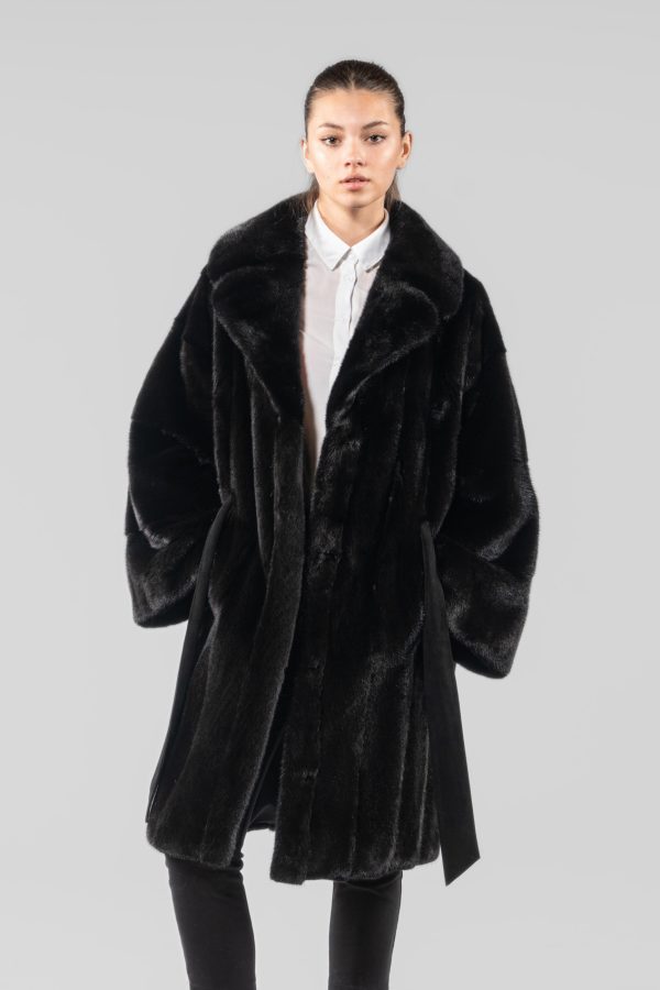 Black Velvet Mink Fur Coat With Belt