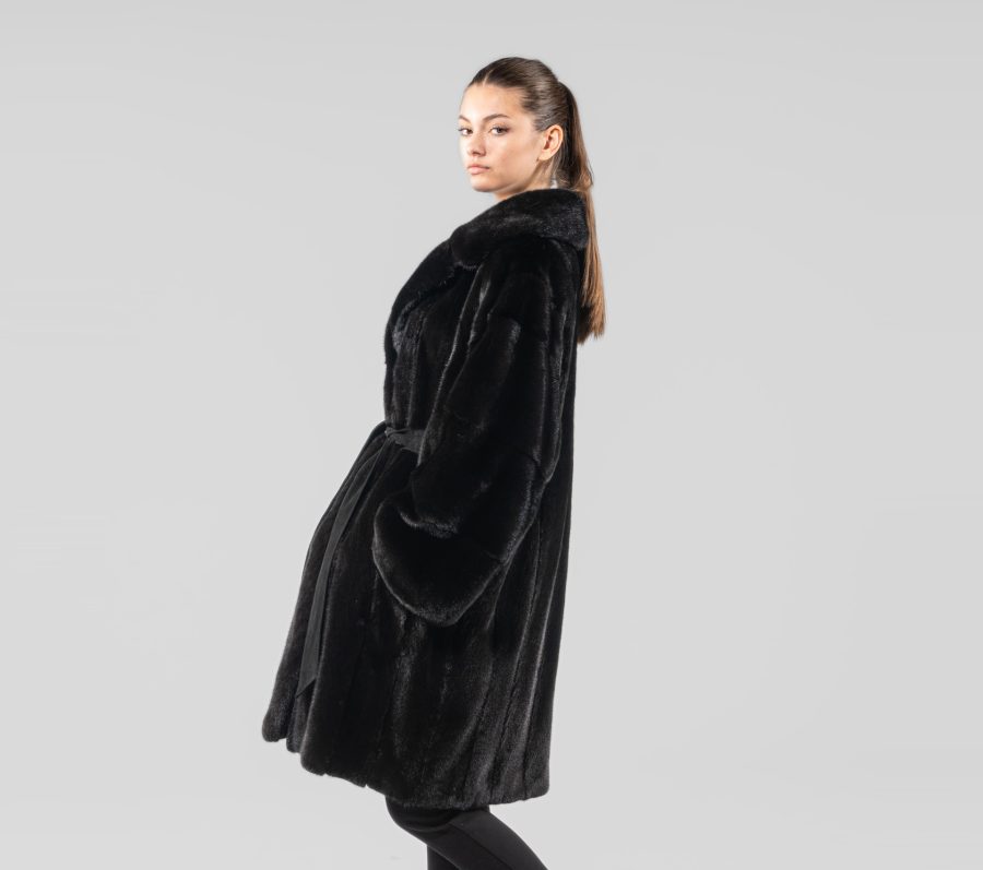 Black Velvet Mink Fur Coat With Belt