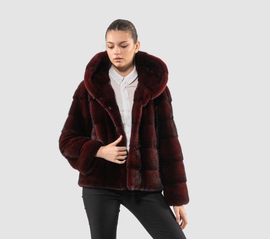 Burgundy Velvet Mink Fur Jacket With Hood