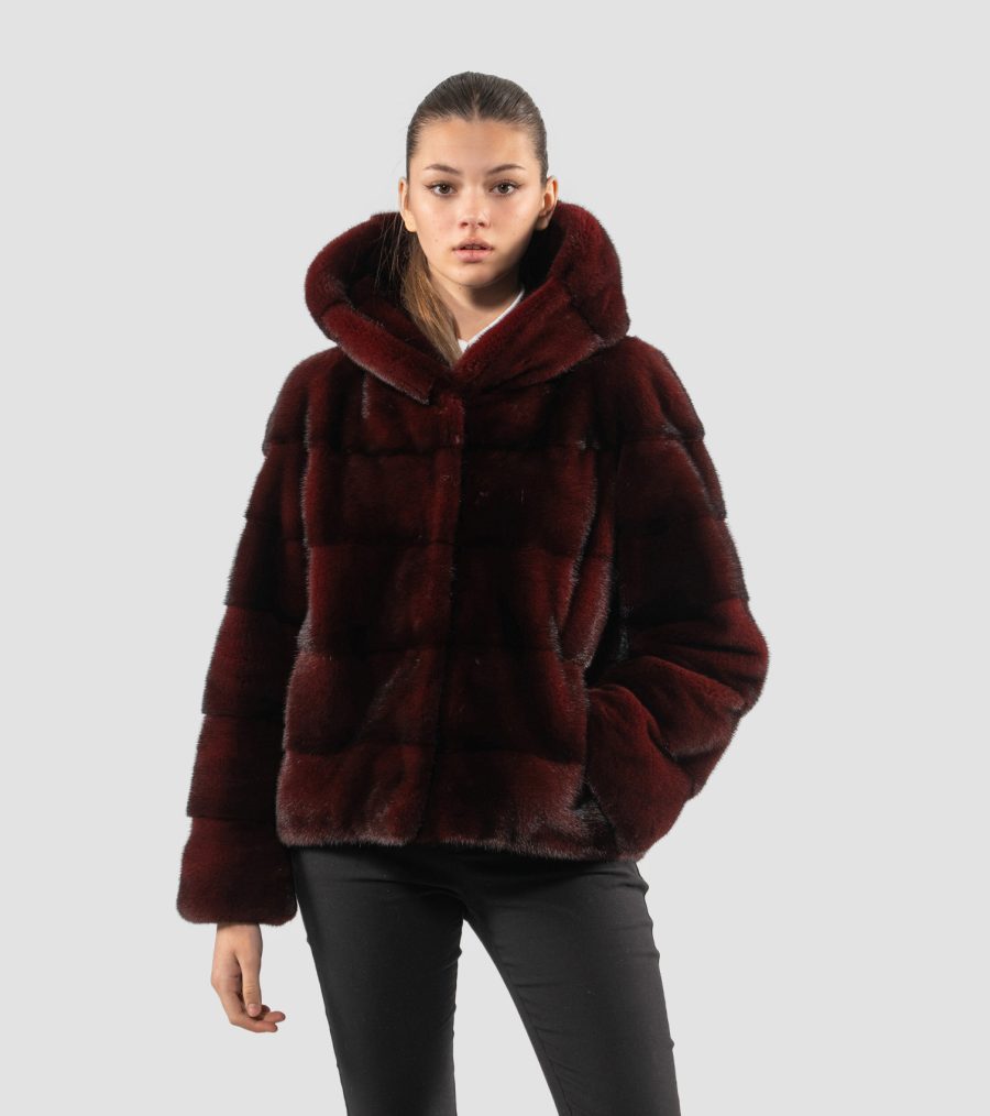 Burgundy Velvet Mink Fur Jacket With Hood