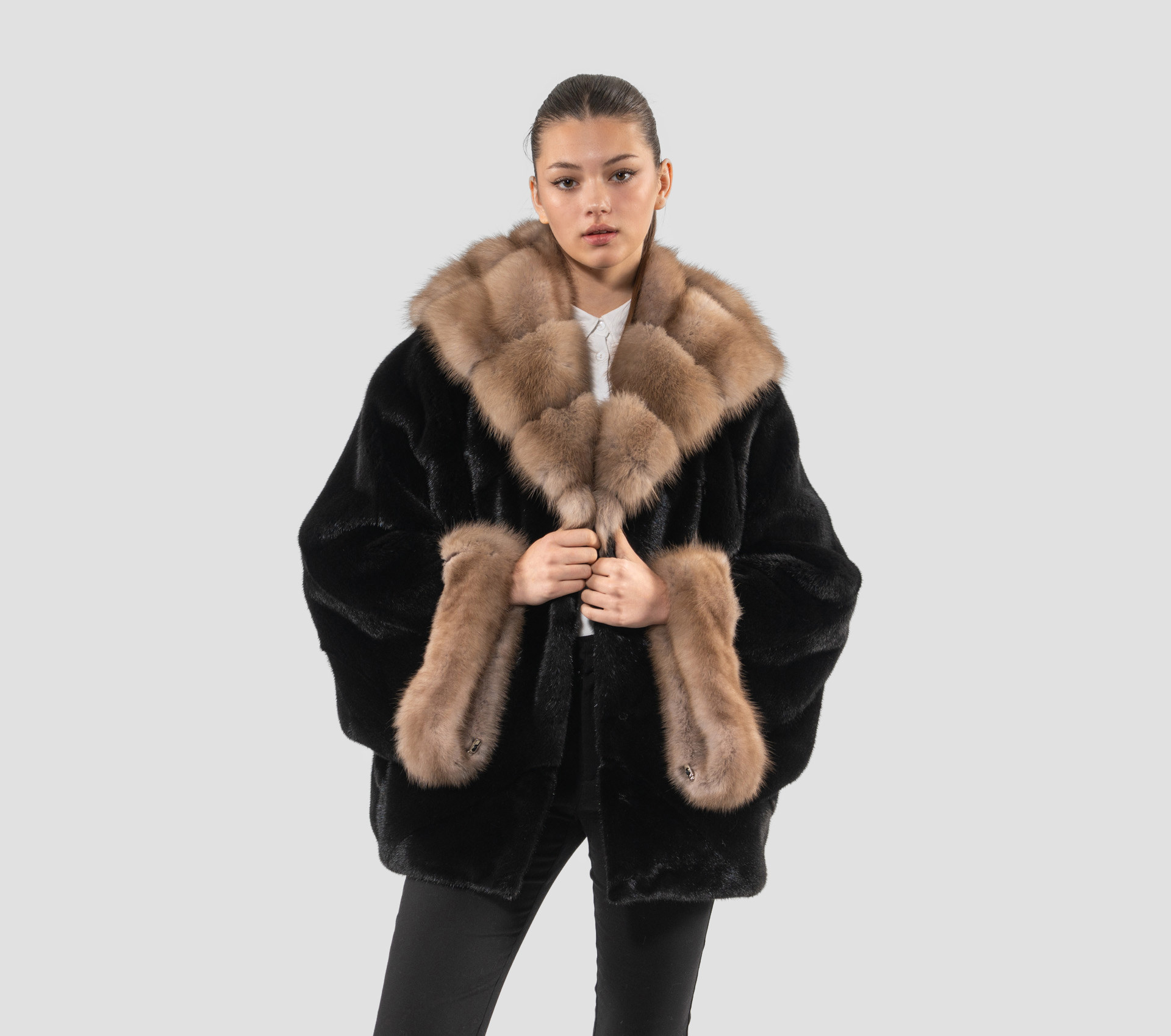 Black Mink Fur Cape With Hood - 100% Real Fur Coats