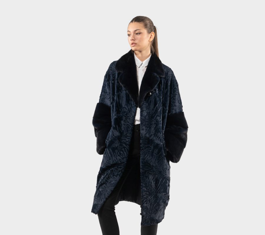 Blue Astrakhan Fur Jacket With Mink Sleeves And Collar