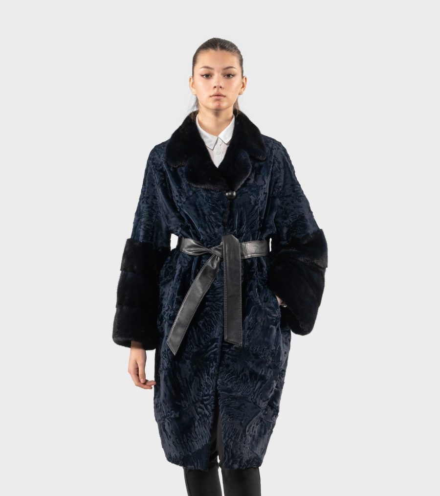 Blue Astrakhan Fur Jacket With Mink Sleeves And Collar