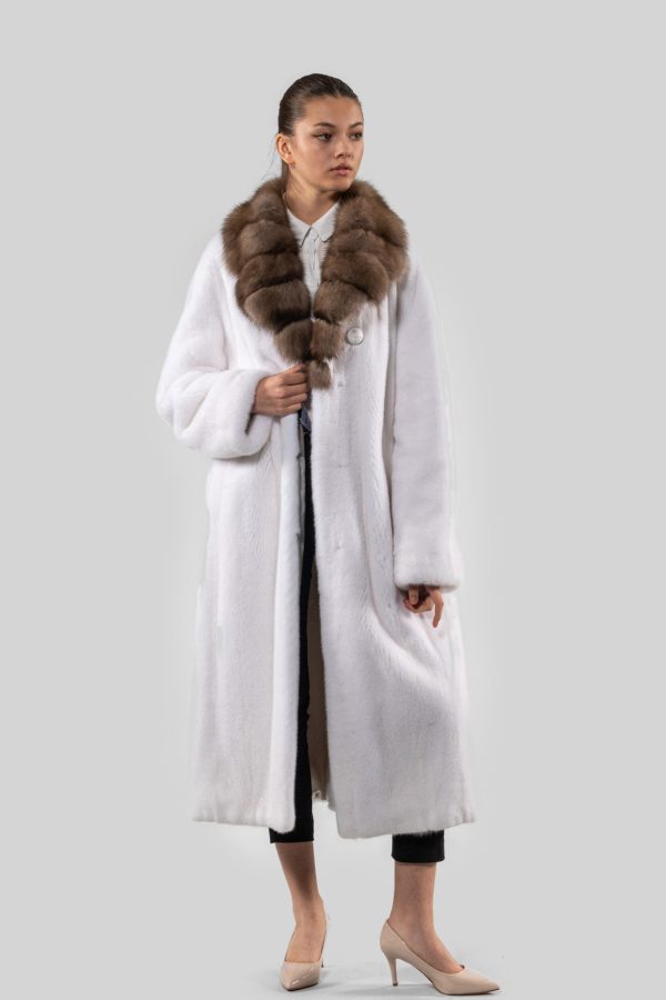 Full Length White Mink Fur Coat With Sable Collar