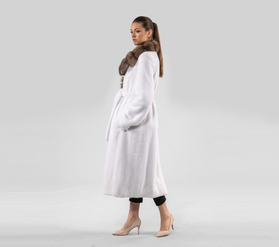 Full Length White Mink Fur Coat With Sable Collar