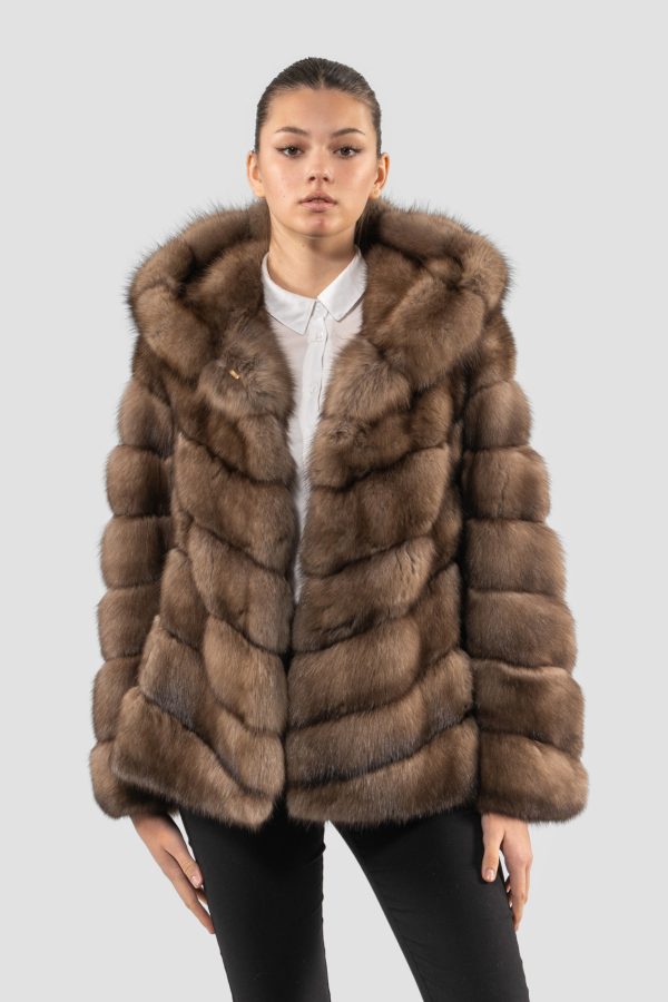 Diagonal Design Russian Sable Fur Jacket With Hood
