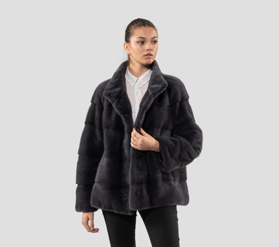 Graphite Gray Mink Fur Jacket With Stand Up Collar