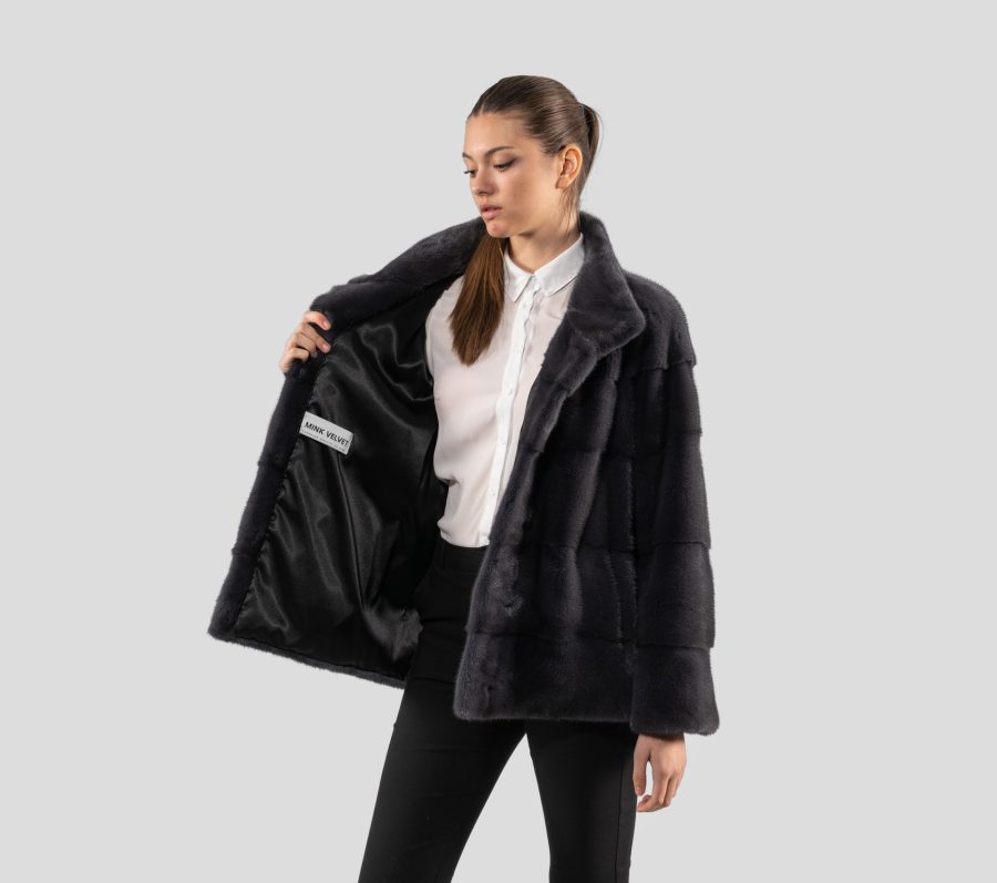 Graphite Gray Mink Fur Jacket With Stand Up Collar