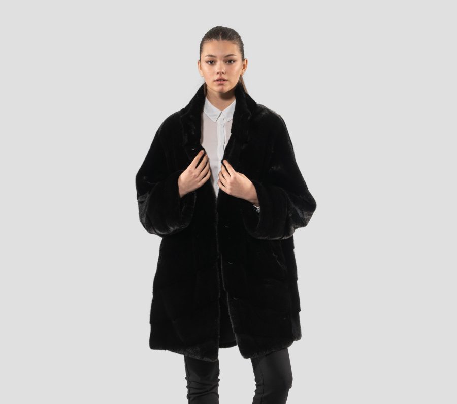 Black Velvet Mink Fur Jacket With Stand-Up Collar
